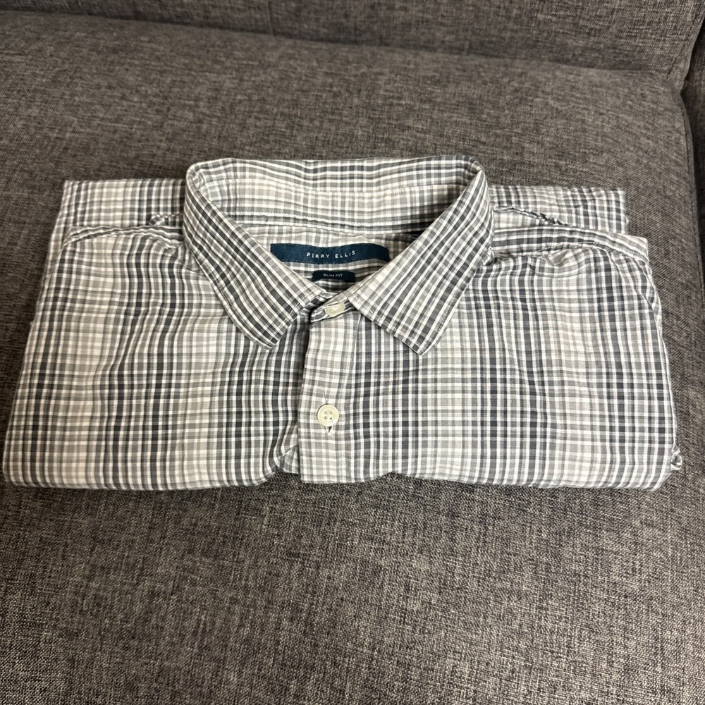Perry Ellis Mens Button Shirt Sz L Slim Fit Gray-Black Preppy Academia Dadcore